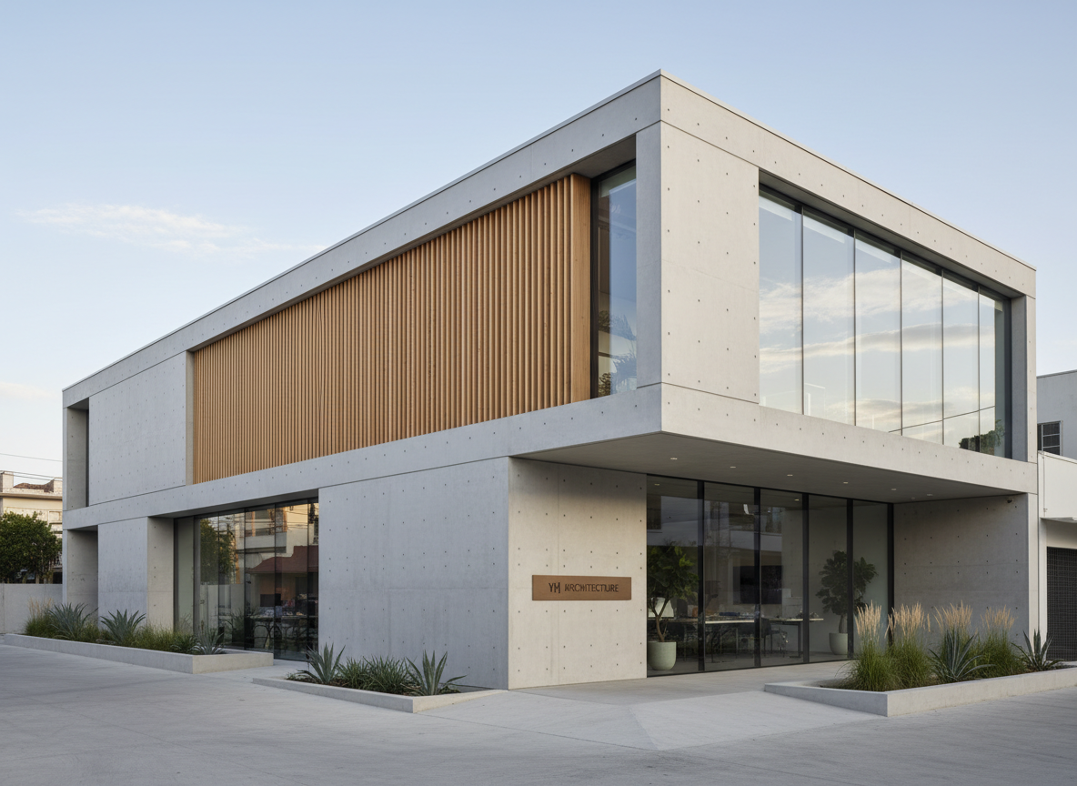 A meticulously detailed exterior of a contemporary architecture studio building with clean, rectilinear forms in light concrete, warm timber cladding, and large frameless glass panes. The facade is composed with razor-sharp lines and minimal ornament, emphasizing proportion and shadow. Set on a quiet urban corner with a simple paved forecourt and sparse planting, the building feels open yet composed. Captured in soft late afternoon natural light that grazes the surfaces and carves subtle shadows in the reveals, the mood is calm, refined and timeless. Photographic realism from a slightly elevated, three-quarter angle, with sharp focus throughout, showcasing YH Architecture’s understated sophistication and functional clarity in a clean, minimalist aesthetic.